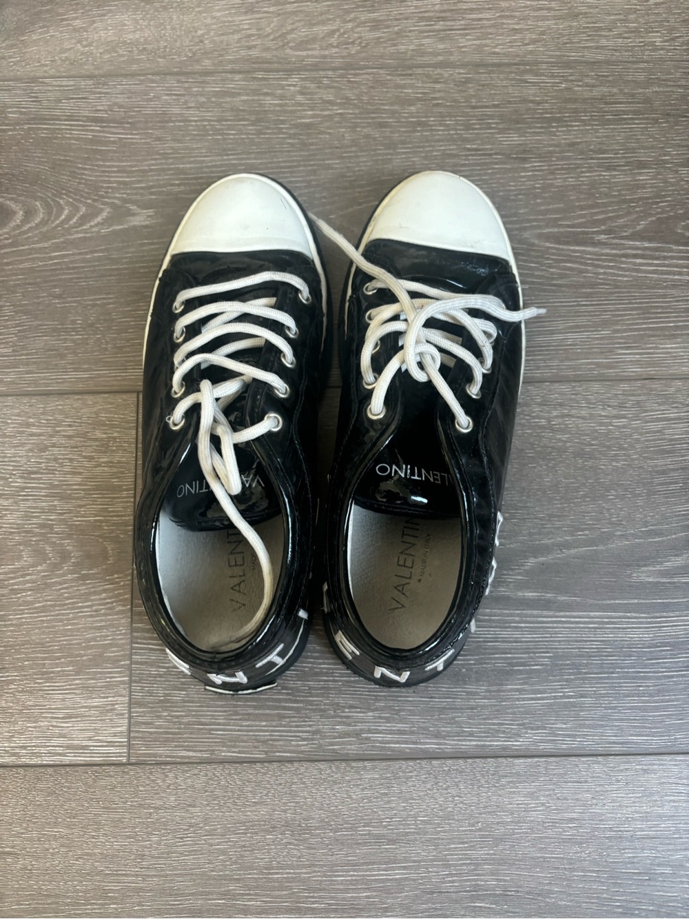 Valentino Black Patent Sneakers with White Toe Caps